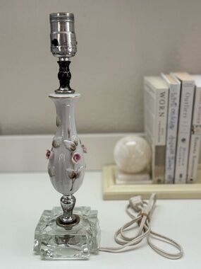 Vintage White Ceramic Lamp with Pink Rose Buds Accents